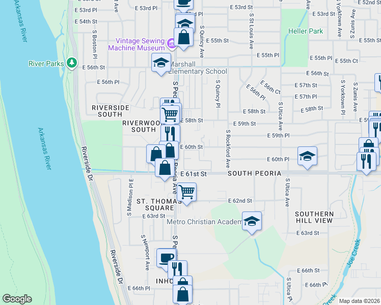 map of restaurants, bars, coffee shops, grocery stores, and more near 1322 East 60th Street in Tulsa