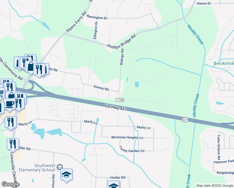 map of restaurants, bars, coffee shops, grocery stores, and more near 1000 Ridings Road in Lewisville