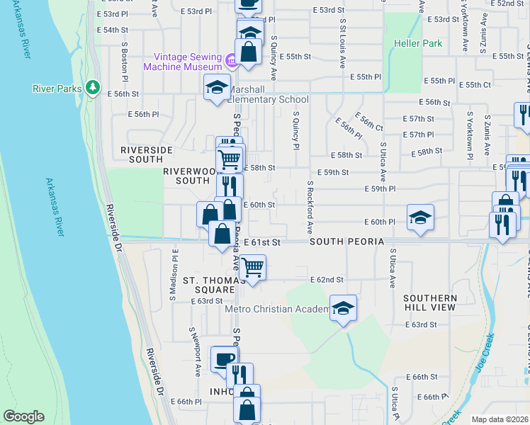 map of restaurants, bars, coffee shops, grocery stores, and more near 1336 East 60th Street in Tulsa
