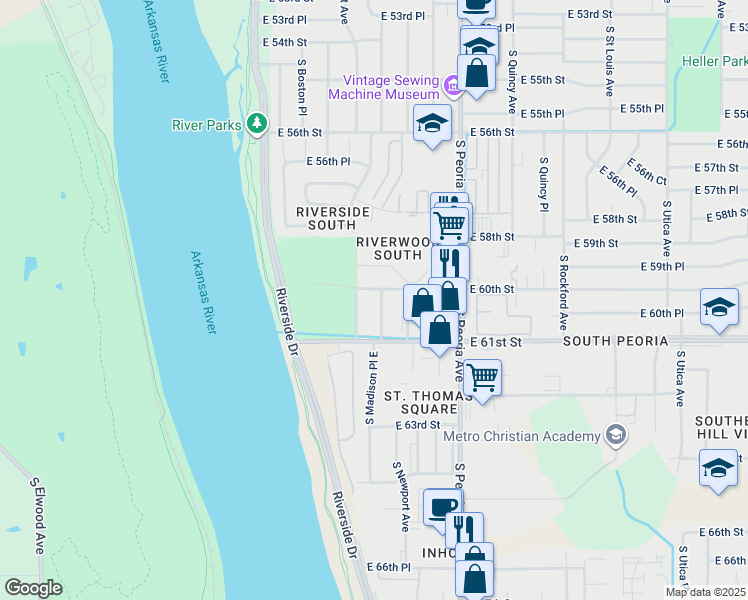 map of restaurants, bars, coffee shops, grocery stores, and more near 6010 South Madison Place in Tulsa