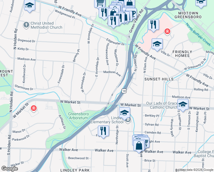 map of restaurants, bars, coffee shops, grocery stores, and more near 110 Homewood Avenue in Greensboro