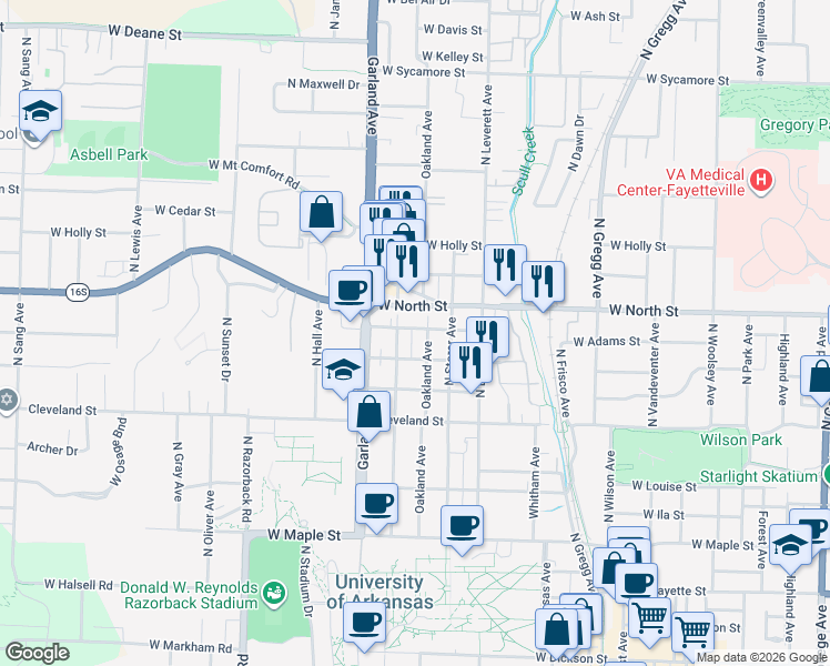 map of restaurants, bars, coffee shops, grocery stores, and more near 929 Oakland Avenue in Fayetteville