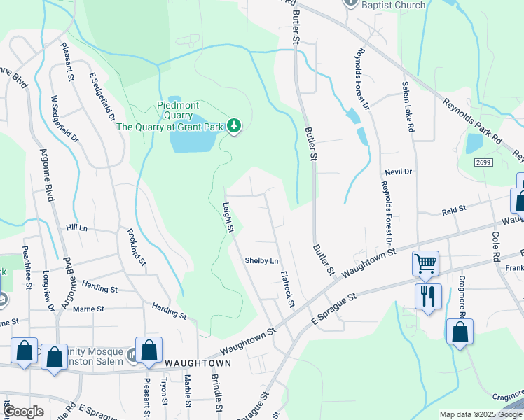 map of restaurants, bars, coffee shops, grocery stores, and more near 1828 Flatrock Street in Winston-Salem