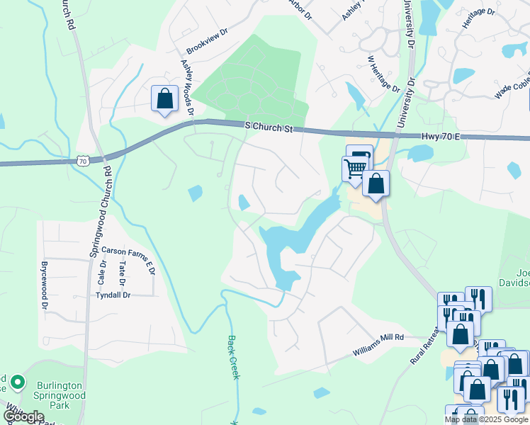 map of restaurants, bars, coffee shops, grocery stores, and more near 1150 Lochshire Drive in Burlington