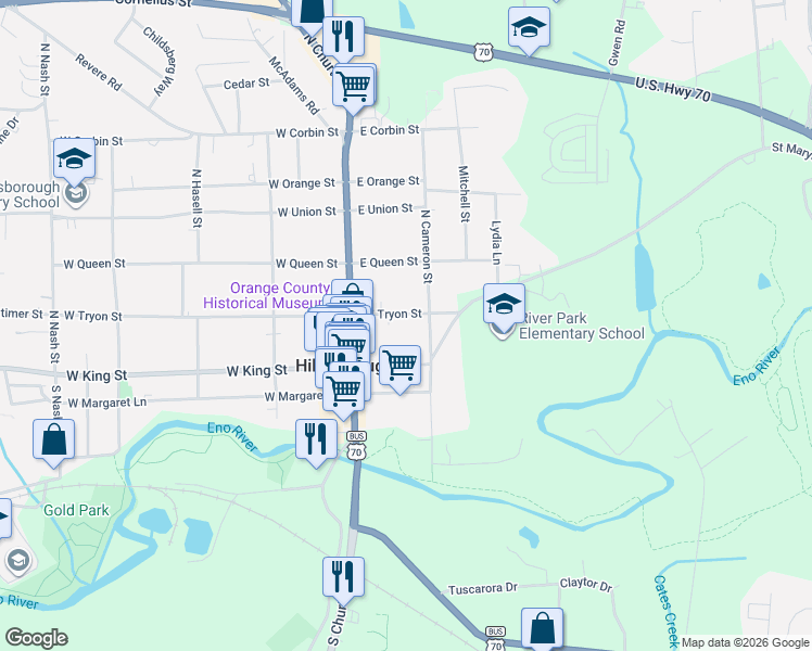 map of restaurants, bars, coffee shops, grocery stores, and more near 140 East Tryon Street in Hillsborough
