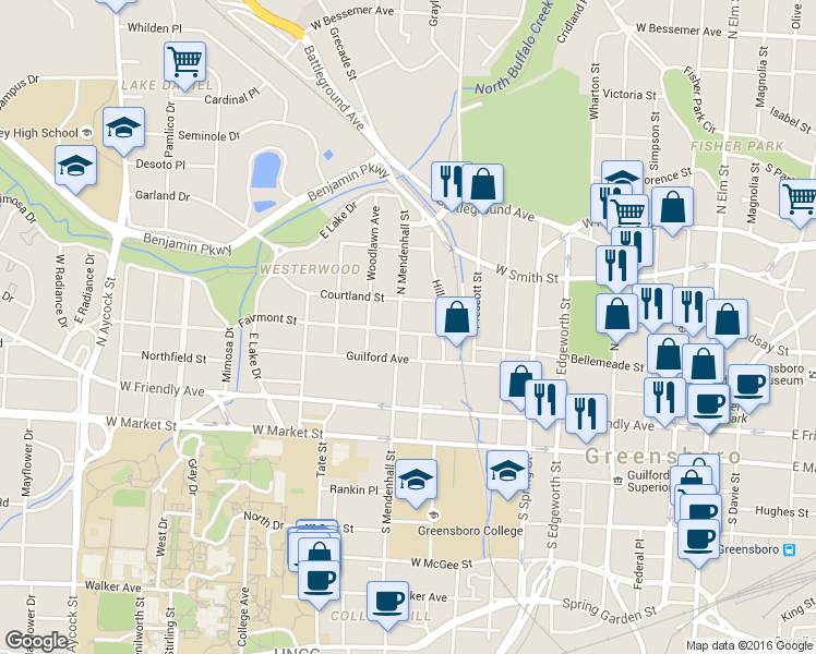 map of restaurants, bars, coffee shops, grocery stores, and more near 612 Fairmont Street in Greensboro