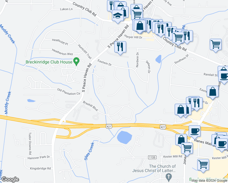 map of restaurants, bars, coffee shops, grocery stores, and more near 516 Westwin Drive in Winston-Salem