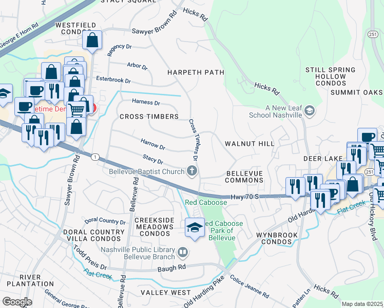 map of restaurants, bars, coffee shops, grocery stores, and more near 133a Cross Timbers Drive in Nashville