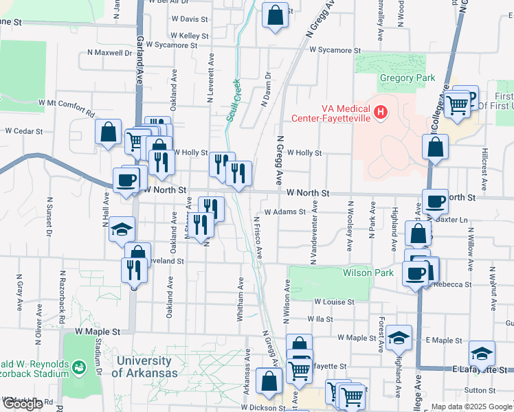 map of restaurants, bars, coffee shops, grocery stores, and more near Scull Creek Trail in Fayetteville