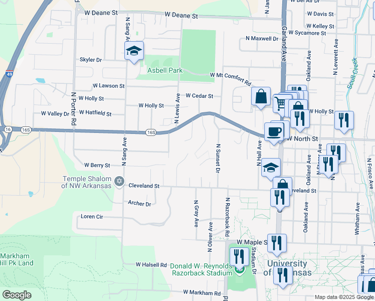 map of restaurants, bars, coffee shops, grocery stores, and more near 957-999 North Lewis Avenue in Fayetteville