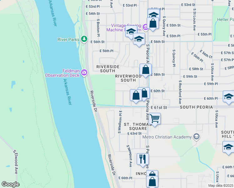 map of restaurants, bars, coffee shops, grocery stores, and more near 6013 South Madison Avenue in Tulsa