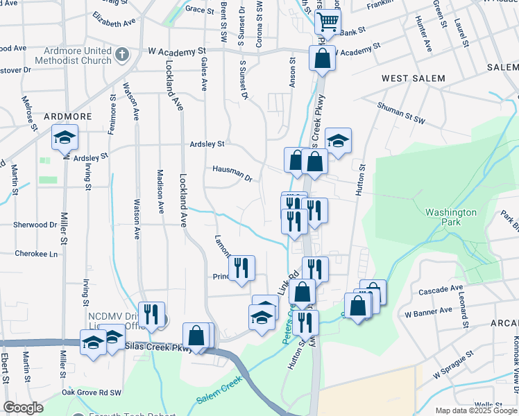 map of restaurants, bars, coffee shops, grocery stores, and more near 1042 South Sunset Drive in Winston-Salem