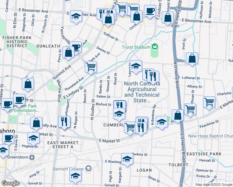 map of restaurants, bars, coffee shops, grocery stores, and more near 406 Boyd Street in Greensboro