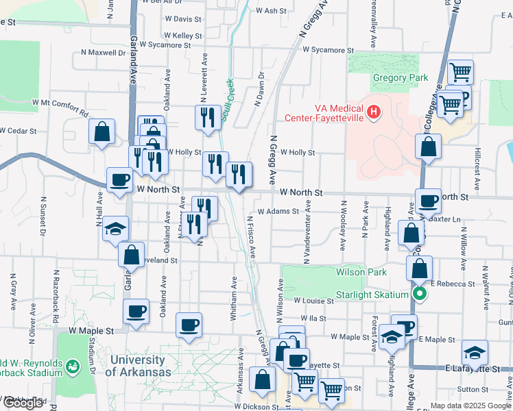 map of restaurants, bars, coffee shops, grocery stores, and more near 626 West Adams Street in Fayetteville