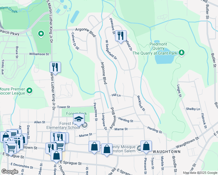 map of restaurants, bars, coffee shops, grocery stores, and more near 1532 Argonne Boulevard in Winston-Salem