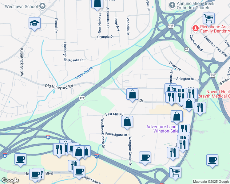 map of restaurants, bars, coffee shops, grocery stores, and more near 3532 Old Vineyard Road in Winston-Salem