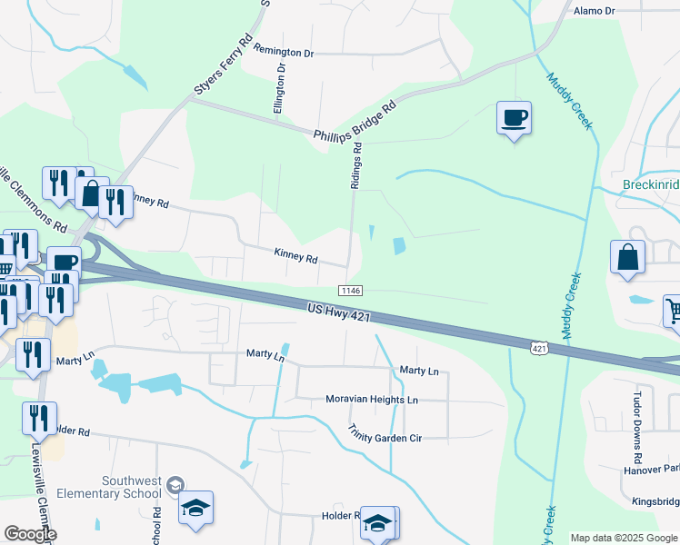 map of restaurants, bars, coffee shops, grocery stores, and more near 1000 Ridings Road in Lewisville