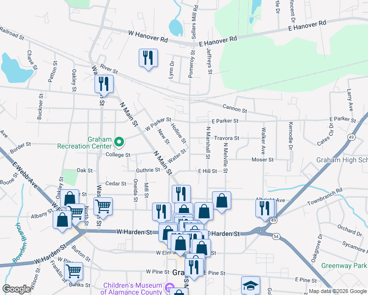 map of restaurants, bars, coffee shops, grocery stores, and more near 107 Water Street in Graham