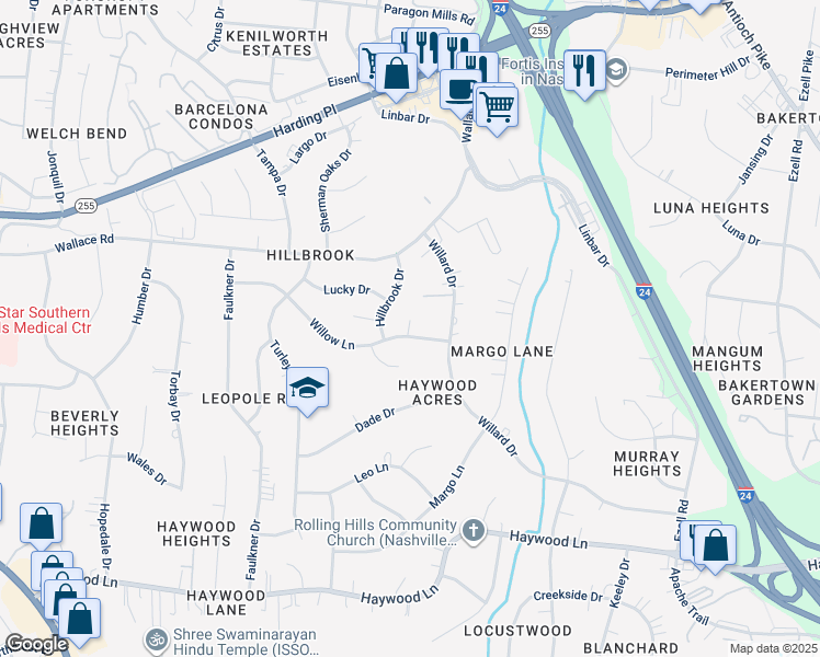 map of restaurants, bars, coffee shops, grocery stores, and more near 208 Willow Lane in Nashville