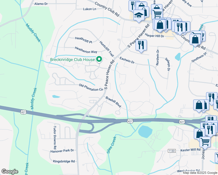 map of restaurants, bars, coffee shops, grocery stores, and more near 4932 Juniper Way in Winston-Salem