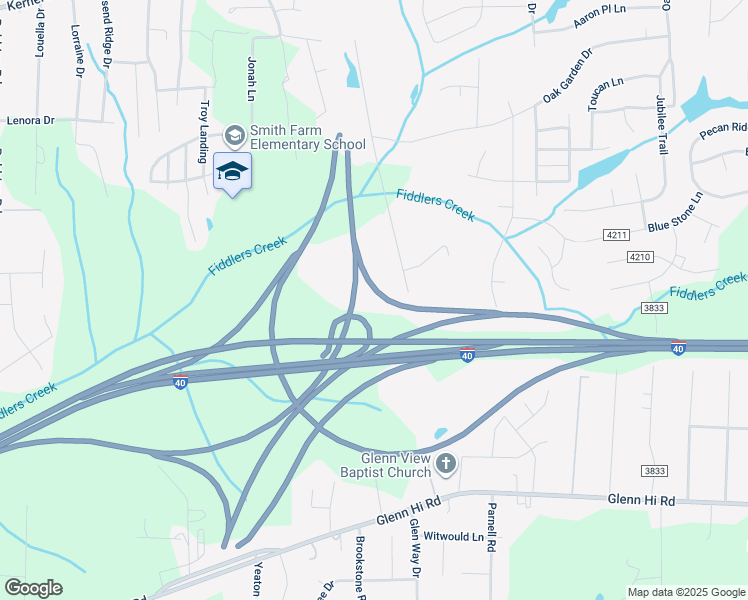map of restaurants, bars, coffee shops, grocery stores, and more near 4163 Fiddlers Way Court in Winston-Salem