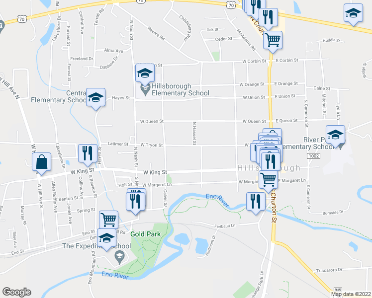 map of restaurants, bars, coffee shops, grocery stores, and more near 315 West Tryon Street in Hillsborough