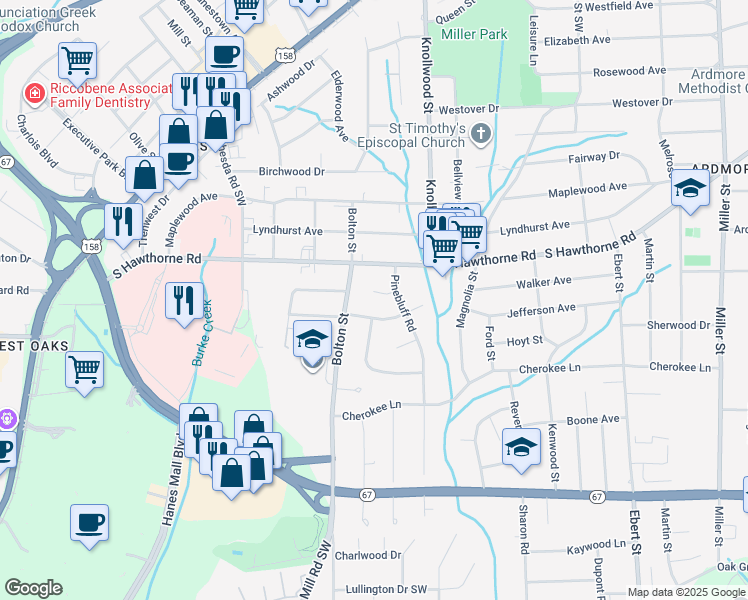 map of restaurants, bars, coffee shops, grocery stores, and more near 2761 Westridge Road in Winston-Salem