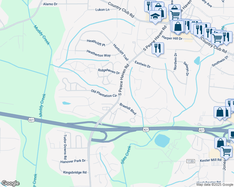 map of restaurants, bars, coffee shops, grocery stores, and more near 5101 Old Plantation Circle in Winston-Salem