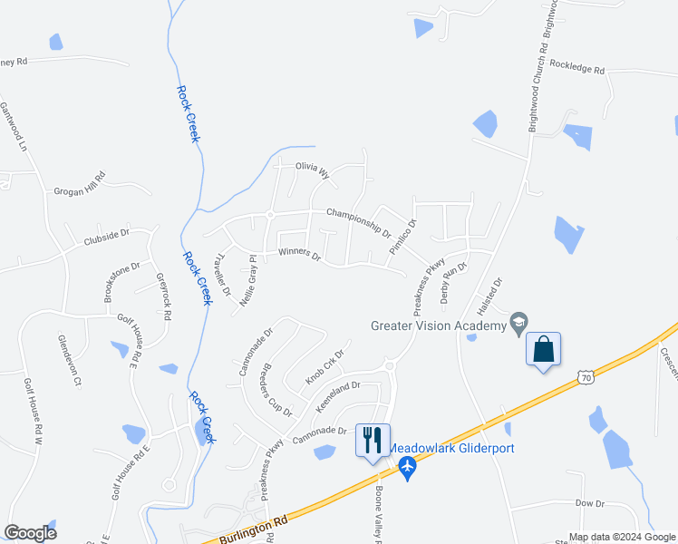 map of restaurants, bars, coffee shops, grocery stores, and more near 6742 Winners Drive in Whitsett