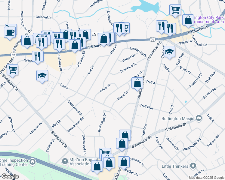 map of restaurants, bars, coffee shops, grocery stores, and more near 2409 Lacy Street in Burlington