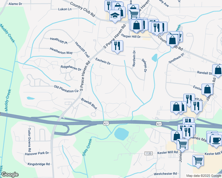 map of restaurants, bars, coffee shops, grocery stores, and more near 516 Westwin Drive in Winston-Salem