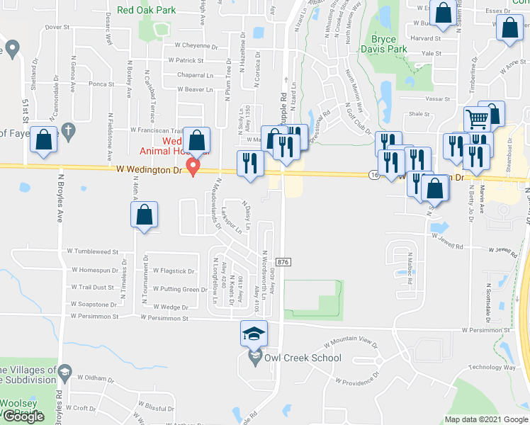 map of restaurants, bars, coffee shops, grocery stores, and more near 835 North Rupple Road in Fayetteville