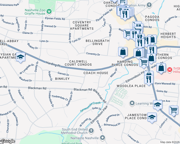 map of restaurants, bars, coffee shops, grocery stores, and more near 533 Harding Place in Nashville