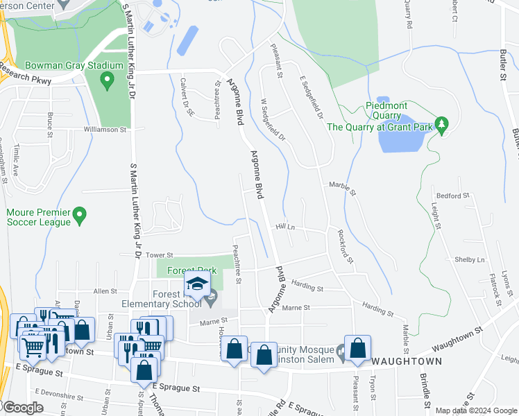 map of restaurants, bars, coffee shops, grocery stores, and more near 1524 Argonne Boulevard in Winston-Salem