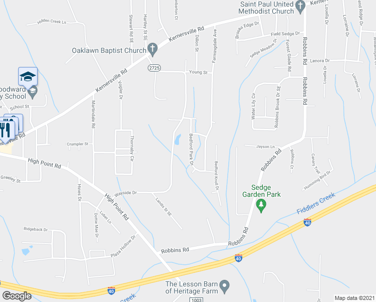 map of restaurants, bars, coffee shops, grocery stores, and more near 430 Bedford Park Drive in Winston-Salem
