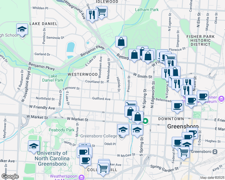 map of restaurants, bars, coffee shops, grocery stores, and more near 608 Fairmont Street in Greensboro