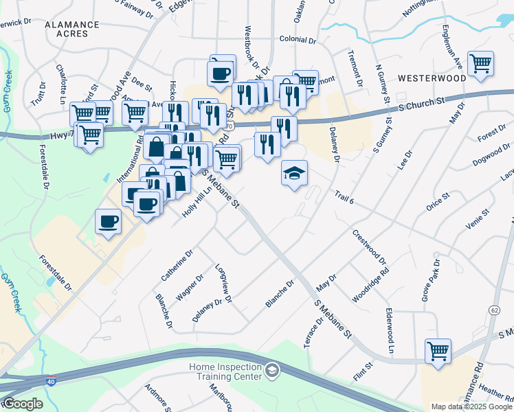 map of restaurants, bars, coffee shops, grocery stores, and more near 3619 South Mebane Street in Burlington
