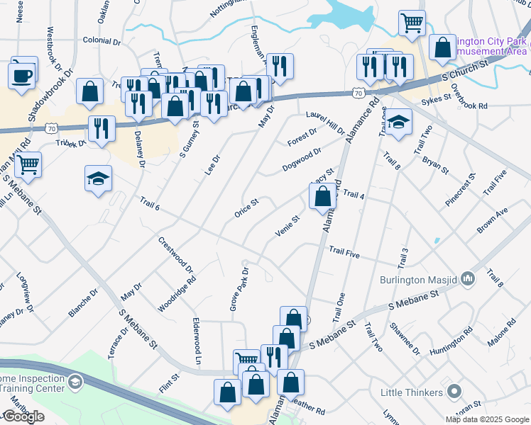 map of restaurants, bars, coffee shops, grocery stores, and more near 2409 Lacy Street in Burlington