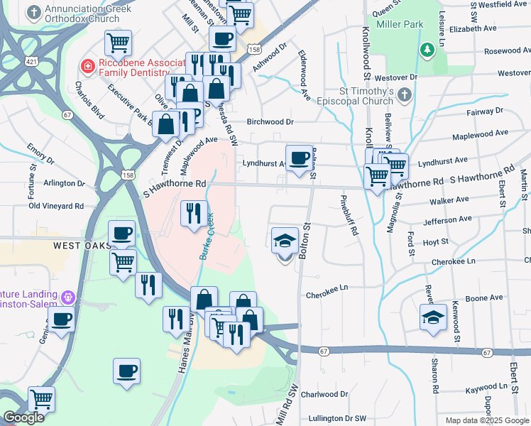 map of restaurants, bars, coffee shops, grocery stores, and more near 2851 Hermitage Drive in Winston-Salem