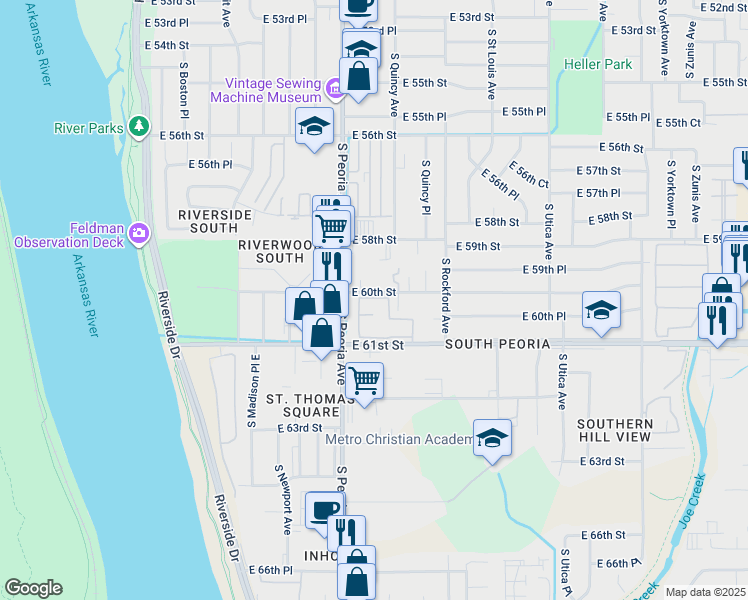 map of restaurants, bars, coffee shops, grocery stores, and more near 1324 East 60th Street in Tulsa