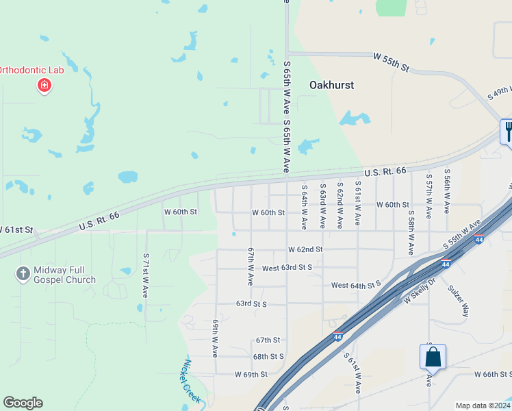 map of restaurants, bars, coffee shops, grocery stores, and more near 5937 West 67th Street in Tulsa