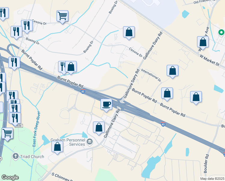 map of restaurants, bars, coffee shops, grocery stores, and more near 6405 Burnt Poplar Road in Greensboro