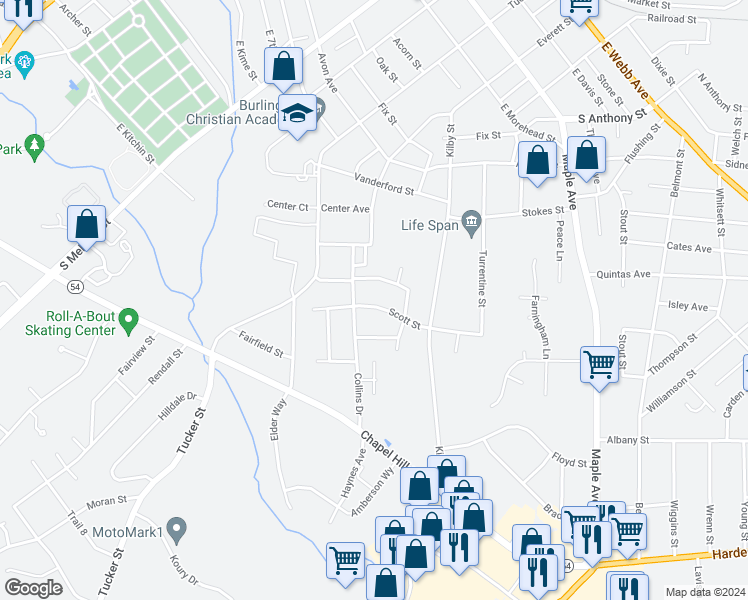 map of restaurants, bars, coffee shops, grocery stores, and more near 814 Scott Street in Burlington