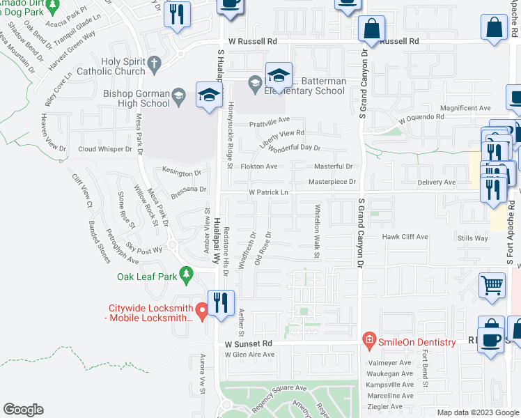 map of restaurants, bars, coffee shops, grocery stores, and more near 6138 Windfresh Drive in Las Vegas