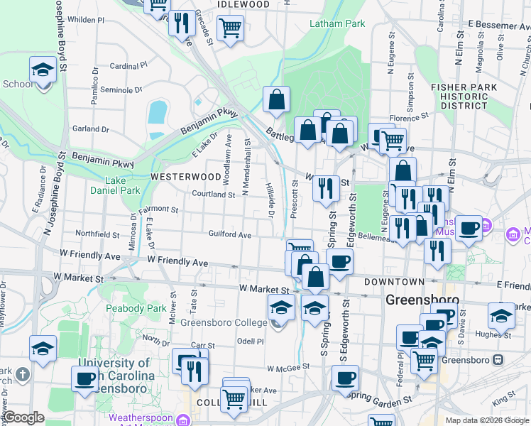 map of restaurants, bars, coffee shops, grocery stores, and more near 612 Fairmont Street in Greensboro