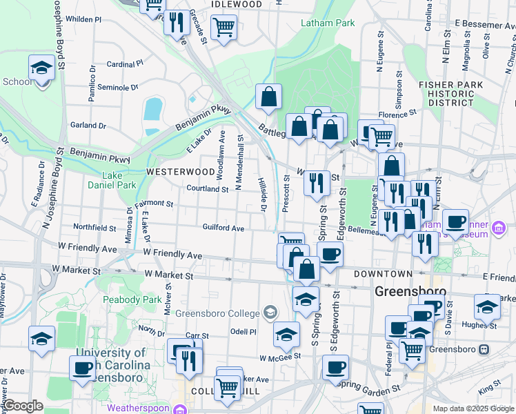 map of restaurants, bars, coffee shops, grocery stores, and more near 602 Fairmont Street in Greensboro