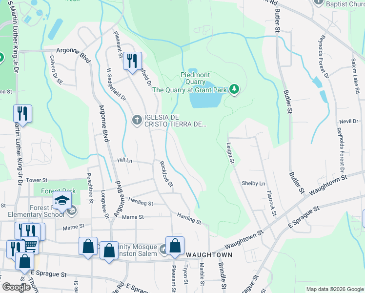 map of restaurants, bars, coffee shops, grocery stores, and more near 1564 Marble Street in Winston-Salem