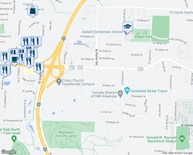 map of restaurants, bars, coffee shops, grocery stores, and more near 936 North Lonnie Avenue in Fayetteville