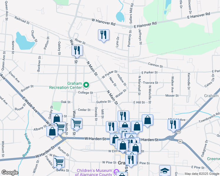 map of restaurants, bars, coffee shops, grocery stores, and more near 527 North Main Street in Graham