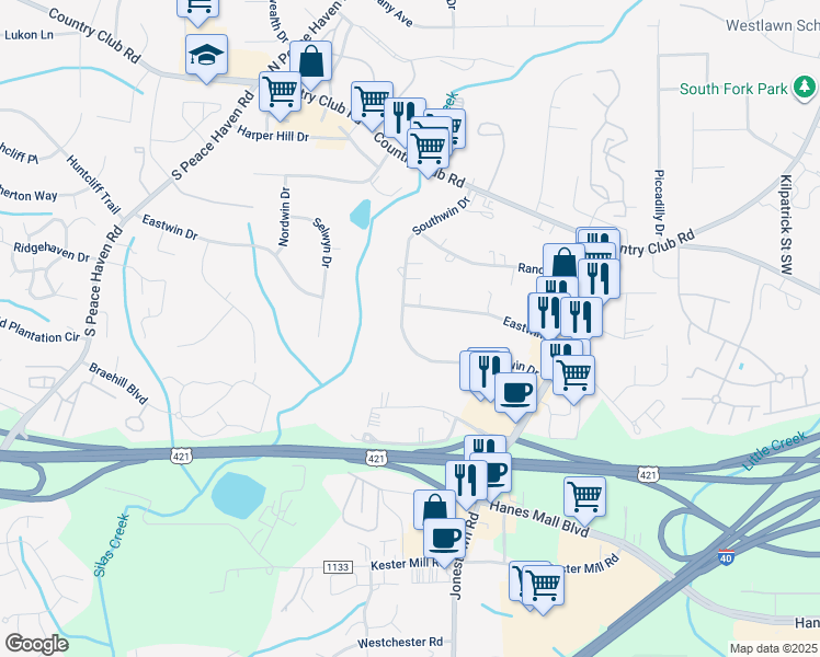 map of restaurants, bars, coffee shops, grocery stores, and more near 4815 Southwin Drive in Winston-Salem